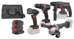 Pack 4 outils 18 V KT40C5 (DD18-60 + HX18-22 + GX18-8 + LI18-400) + 2 batteries 5 Ah + 1 batterie 2 Ah + chargeur rapide + sac de transport HANGER 408201